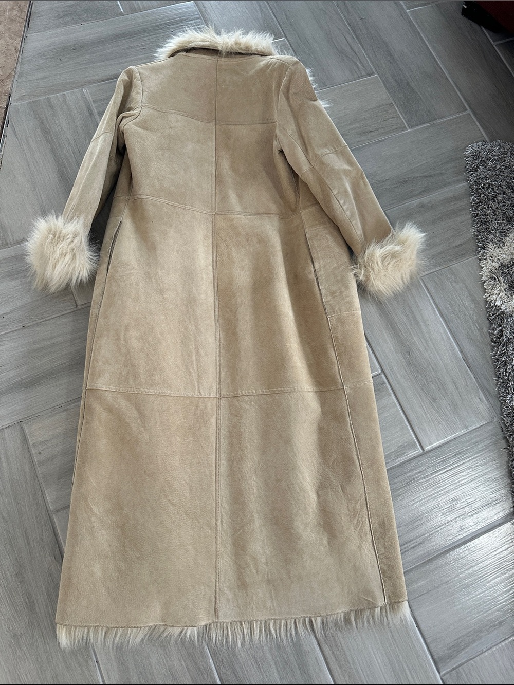 Leather Long Beige Faux Fur Trim Trench Coat - Picture 2 of 6